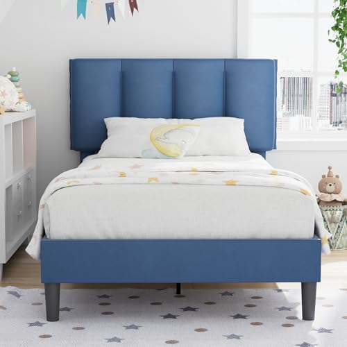 VECELO Twin Size Bed Frame with Upholstered Headboard, Dark Blue