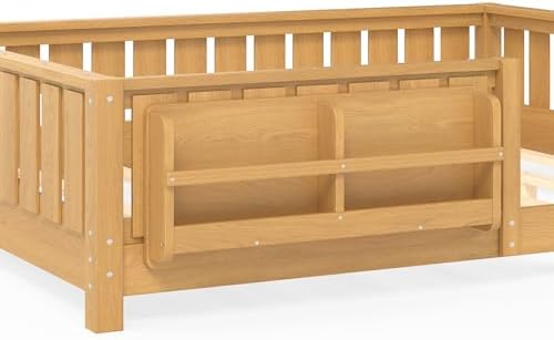 Bellemave Full Floor Bed with Slats and Rails, Full Size Montessori Floor Bed with Bookcase and Fence, Easy Assemble Montessori Beds for Girls, Boys, Deep Natural Floor Beds
