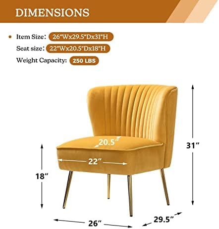 HULALA HOME Velvet Accent Chair, Modern Upholstered Cute Side Chair with Gold Metal Legs, Armless Wingback Slipper Chair Comfy Living Room Chair for Bedroom Guest Room Vanity,Mustard