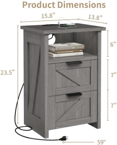 Farmhouse Night Stand Set of 2, Bed Side Table with 2 Drawers and Storage Shelf, Rustic Grey End Table for Bedroom, Living, Entryway, Office, Dorm, Small Spaces, Grey