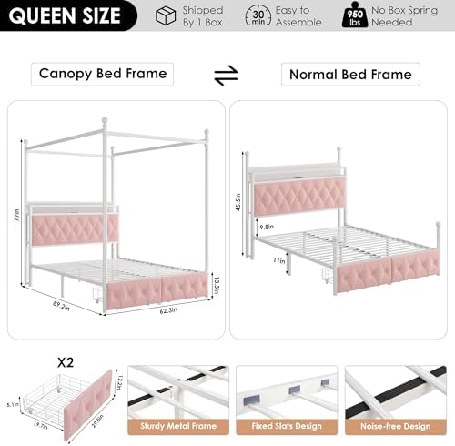 HIFIT Queen Size LED Canopy Bed Frame with Storage & Charging Station, Pink