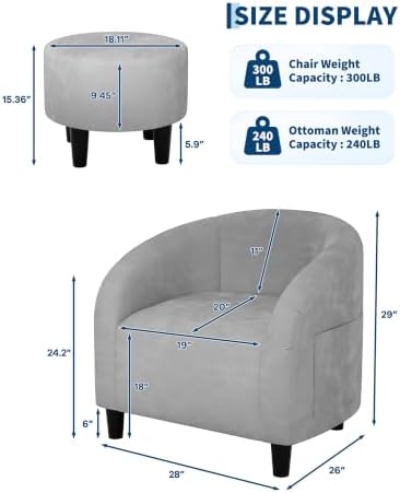 GarveeHome Chair and Ottoman Set, Modern Velvet Barrel Armchair for Living Room, Comfortable Side Chair with Footrest for Apartment Small Space, Grey