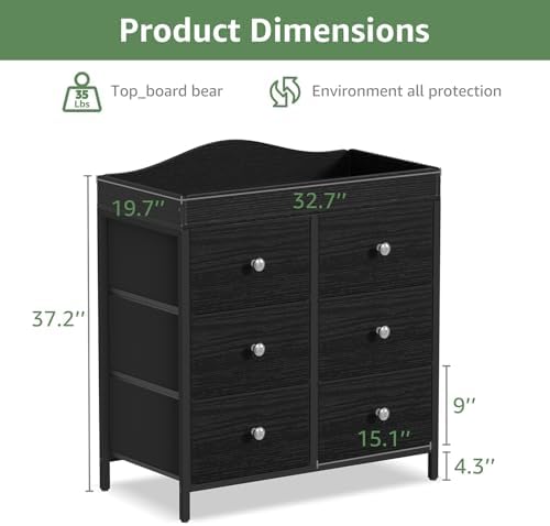 BOLUO Black Changing Table Dresser with 6 Fabric Drawers, Baby Dresser with Changing Table Top Diaper Changing Station with Storage for Nursery Modern