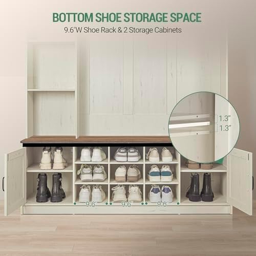 Hzuaneri 59.8" Hall Tree, LED Farmhouse Entryway Storage and Coat Rack Wood, Entryway Furniture with 7 Hooks, Hall Tree with Bench and Storage, 6 Storages Partitions Shoe Bench, Rustic White HT24814B