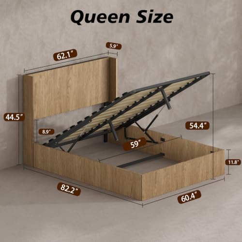 VMU Fluted Queen Size Platform Bed Frame with Lift up Storage