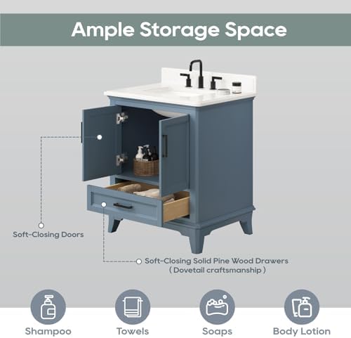30 Inch Bathroom Vanity with Sink, Solid Wood, Steel Blue | Freestanding Single Sink Bathroom Vanity, Fully Assembled Bathroom Storage Cabinet with Soft Close Doors & Dovetail Drawers