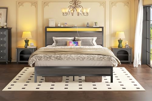 Fluest Queen Bed Frame with Headboard, Fast-Charging & LED, Storage Shelf
