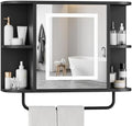MAHANCRIS Bathroom Wall Cabinet with Mirror, Mirrored Medicine Cabinet with LED Light and Open Shelves, Wall Mounted Over Toilet Storage Cabinets with Adjustable Shelf, 21.7"L x 6.7"W x 18.1"H, Black