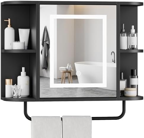 MAHANCRIS Bathroom Wall Cabinet with Mirror, Mirrored Medicine Cabinet with LED Light and Open Shelves, Wall Mounted Over Toilet Storage Cabinets with Adjustable Shelf, 21.7"L x 6.7"W x 18.1"H, Black
