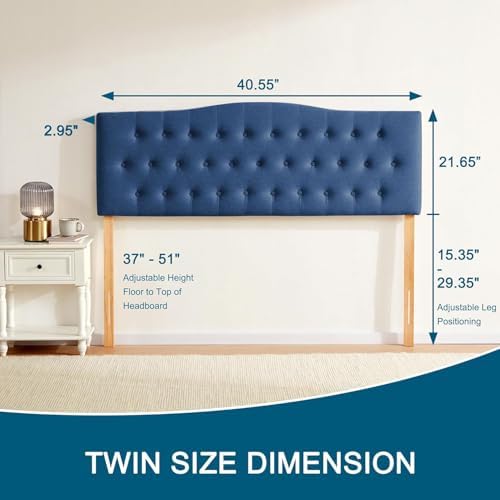Tufted Headboard Twin Size, Solid Wood Adjustable Height Head Board, Blue
