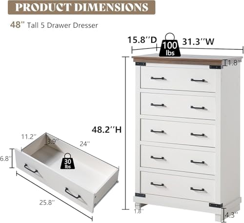 AMERLIFE 5 Pieces Farmhouse Wood Bedroom Set, Includes Rustic Full Bed Frame with 54" Tall Headboard, 6 Drawer Dresser Chest, 5 Drawer Tall Dresser, Nightstands Set of 2 with Charging Station, White