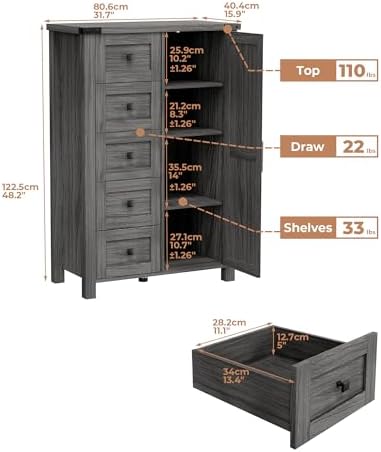 VVFLU Farmhouse Dresser Storage Cabinet Chest of Drawer for Bedroom, 5 Drawer Dresser with Barn Door, 48 Inch Tall Grey Wood Dresser, Adjustable Shelves, Rustic, for Living Room, Entryway, Hallway