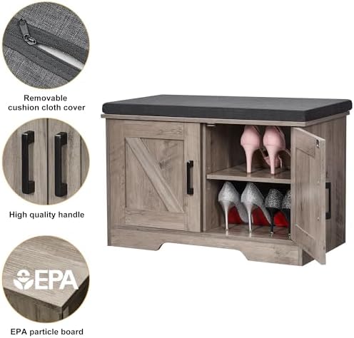 HOMSHO Farmhouse Shoe Storage Bench with 2 Barn Doors & Padded Seat Cushion