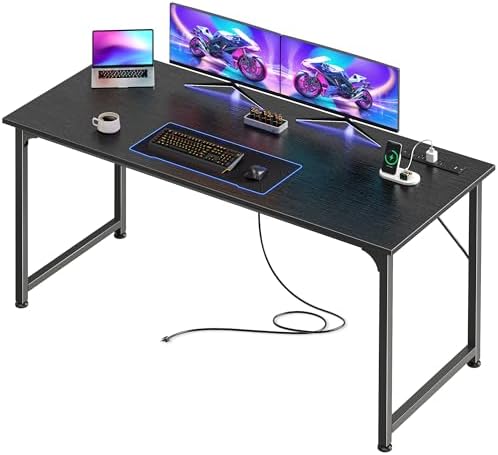 PRAISUN 55 X 20 Inch Computer Desk, Power Outlets, USB-C, Black