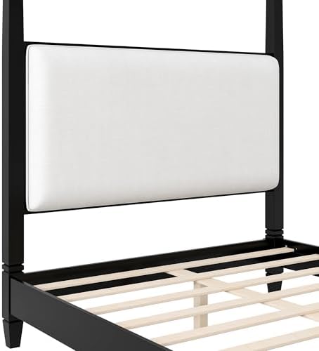 Queen Size Wood Canopy Bed Frame, Black Vintage Four-Posters Platform Bed