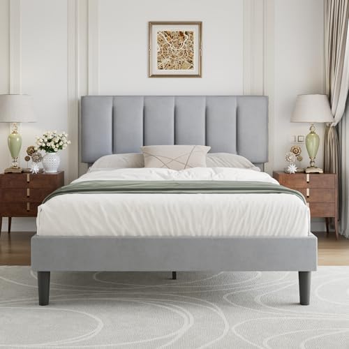 VECELO Queen Size Bed Frame with Upholstered Headboard, Light Grey