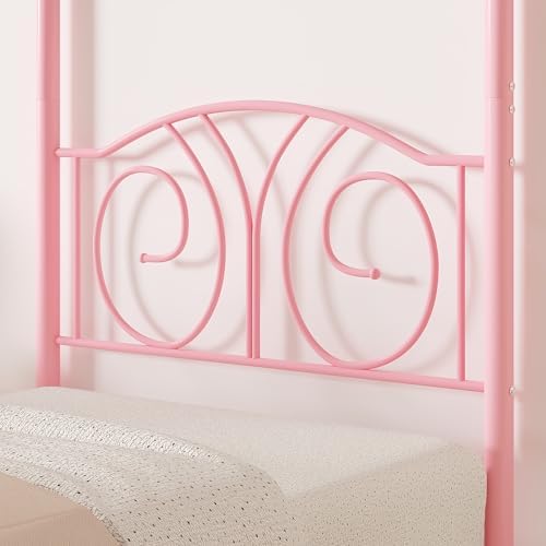 VECELO Twin Canopy Bed Frame, Vintage Scrollwork Headboard, Pink