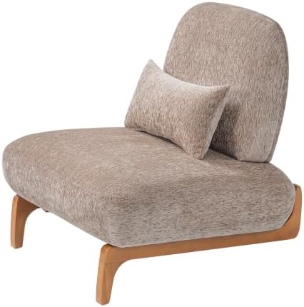 Merax Linen Accent Chair with Curved Wood Base and Lumbar Pillow, Espresso