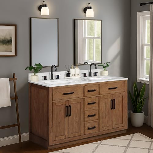 54-inch Dark Walnut Bathroom Vanity with 2 Sinks, Solid Wood, 0.79-inch Stone Countertop and Backsplash, 6 Drawers, 4 Soft Closing Doors