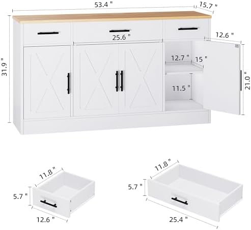 Shintenchi Buffet Cabinet with Storage,53.4" Large Kitchen Storage Cabinet with 3 Drawers and 4 Doors,Wood Farmhouse Buffet Sideboard with Adjustable Shelf for Kitchen Living Room, White