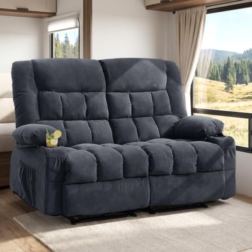 BOSMILLER Recliner Loveseat with Cup Holders for Living Room, 2 Seat Manual Reclining Loveseat with Side Pocket, RV Loveseat Recliner Sofa for Movie Room