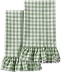 HunnmingRe 2 Pcs Green Gingham Kitchen Towels Cotton Ruffled