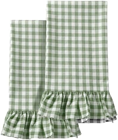 HunnmingRe 2 Pcs Green Gingham Kitchen Towels Cotton Ruffled