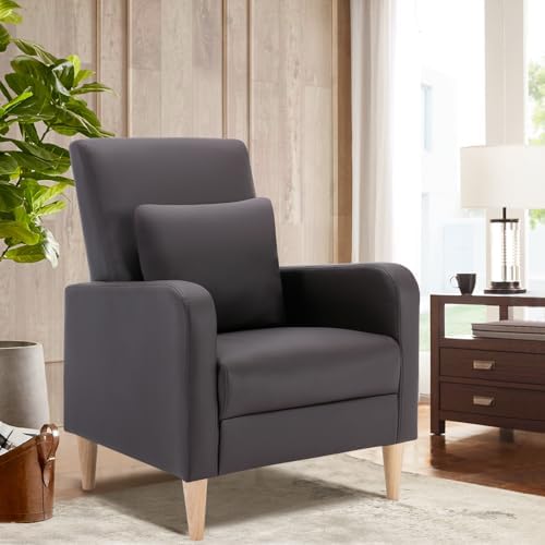 COLAMY Mid-Century Modern Accent Chair, Faux Leather Upholstered Living Room Chair with Back Pillow & Solid Wood Legs, Comfy Armchair for Living Room, Bedroom, Single Sofa, Dark Brown