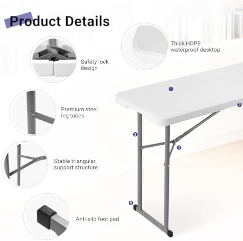 Byliable Folding Table 6FT Narrow Portable Plastic Heavy Duty Table, White
