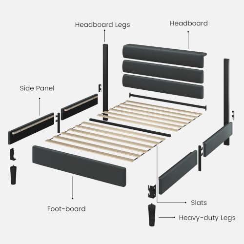 Fluest Twin Bed Frame, Platform Bed Frame with Velvet Upholstered Headboard, No Box Spring Needed, Sturdy Metal Support, Noise Free, Easy Assembly, Modern Bedroom Furniture, Grey