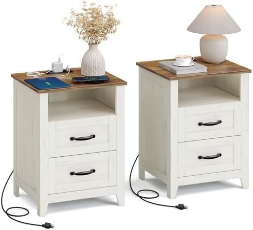 VASAGLE Set of 2 Nightstands with 2 Drawers and Charging Station