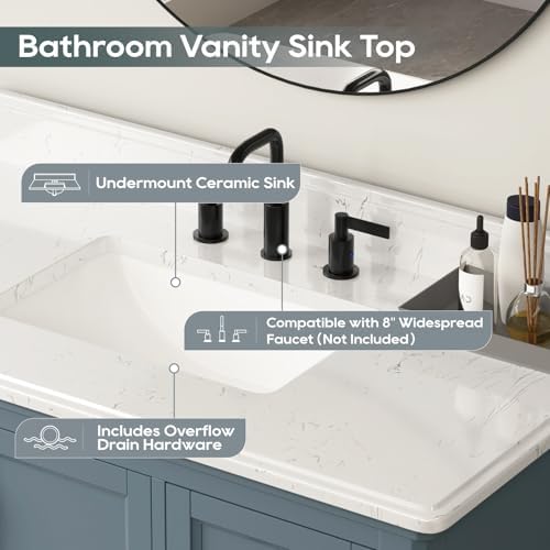 42 Inch Bathroom Vanity with Sink, Solid Wood, Steel Blue | Freestanding Single Sink Bathroom Vanity, Fully Assembled Bathroom Storage Cabinet with Soft Close Doors & Dovetail Drawers
