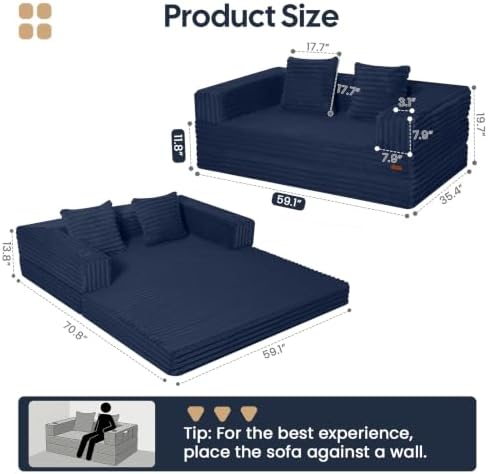 COMAX Boneless Futon Sofa Bed, 59" Small Low-Profile Floor Couch