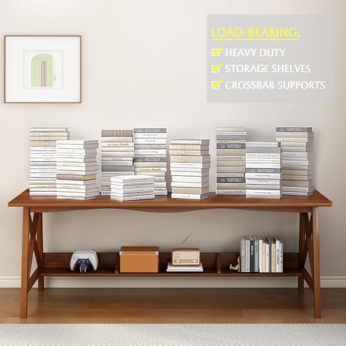 NELYE Extra Long Writing Desk with Bookshelf, 71" Wx24 Dx30 H, Walnut