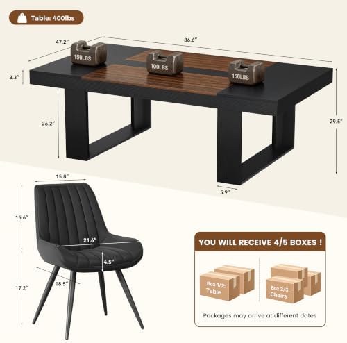 Miereirl 7-Piece Modern Farmhouse Dining Table Set, 86.6" x 47.2" Sturdy Stable Dining Table with 6 Chairs, Rectangular Kitchen Table Set for 6,(Black & Walnut Table+6 Black Chairs)