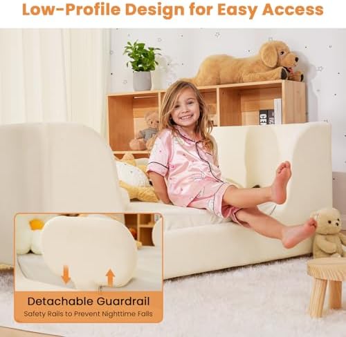 Toddler Bed, Toddler Floor Bed Frame with Wood Slats, Small Beds with Removable Safety Guardrails, Standard Crib Size Kids Bed for Girl and Boy, White