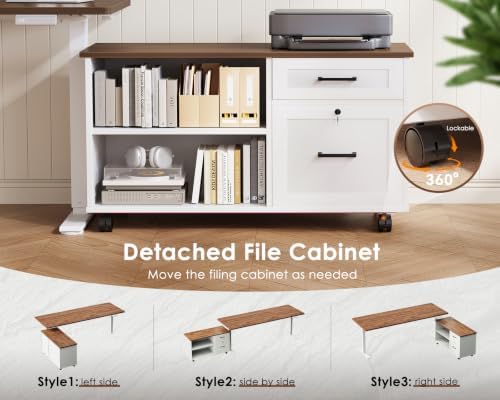 OffiGo 71" L Shaped Electric Standing Desk with Cabinet Sets, Walnut/White