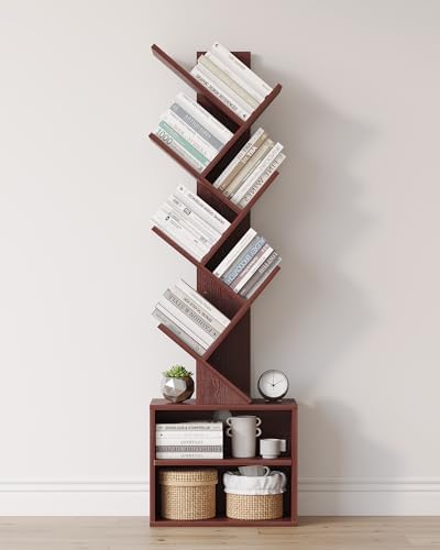 SUNMORY 6 Tier Tree Bookshelf, Tall Small Bookcase with Storage Cabinet