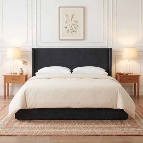 Queen Bed Frame with Storage Drawers, Corduroy Bed with Headboard, Black