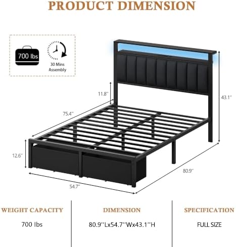 Furnulem Full Size Bed Frame with Storage Drawers and Upholstered Headboard