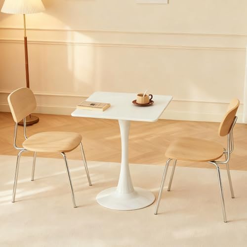 Square Dining Table, 24" Tulip Table with Thickened Tabletop & Metal Pedestal, Mid Century Modern Bistro Table for Kitchen, Small Places, Living Room, Cafe (White)