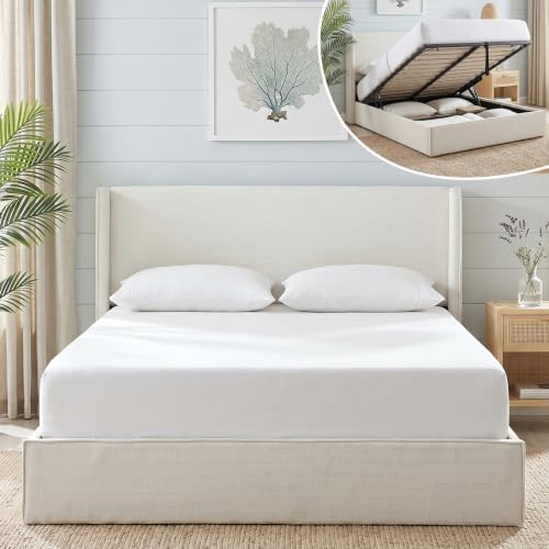 Full Lift Up Storage Bed, Corduroy Platform Bed with Headboard, Cream