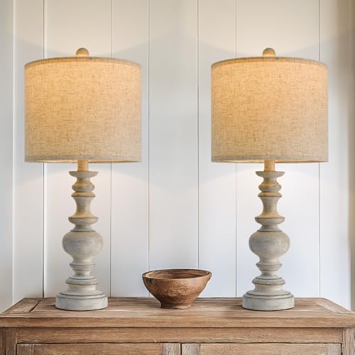 BOBOMOMO 24" Farmhouse Retro Table Lamp Set of 2, Traditional Resin Lamps for Living Room Bedroom, Vintage Bedroom Lamps with Linen Shades, Rustic Table Lamps for Living Room, Nursery, Office