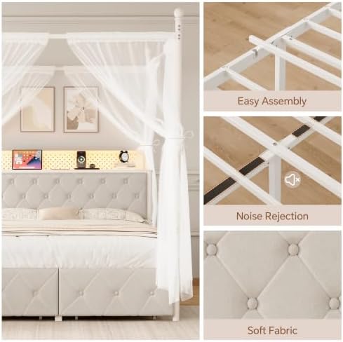 Queen Size Canopy Bed Frame with Charging Station and LED Lights
