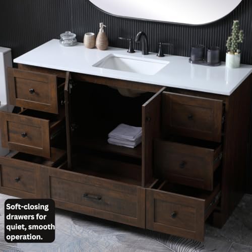 54" Pre-Assembled Bathroom Vanity with Sink, Engineered Wood, Ivory White Engineered Marble Countertop Attached, Single Rectangle Porcelain Sink, 7 Soft-Close Drawers, Expresso