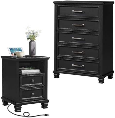 SAVOR LIFE Farmhouse Dresser and Nightstand Set of 2, Black