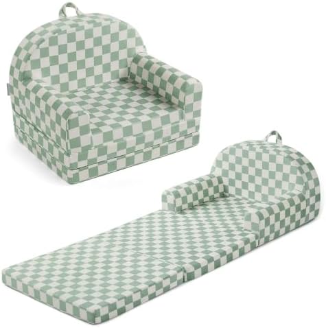 Blissful Diary Foldable Kids Couch, 2-in-1 Kids Sofa Chair, Sage Checkered