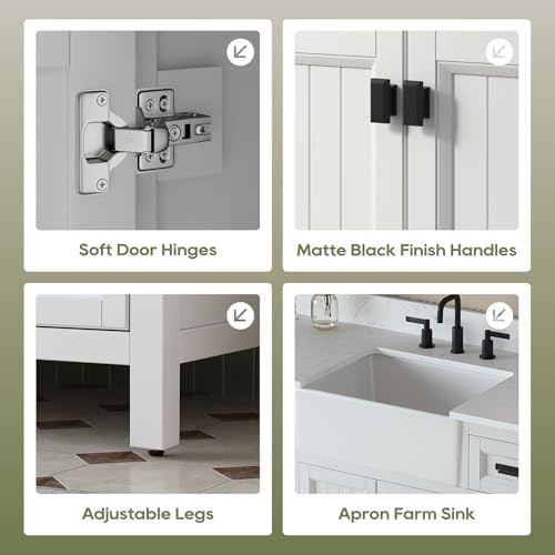 60 Inch Bathroom Vanity with Double Sink, White | Farmhouse Solid Wood Double Sink Bathroom Vanity with Soft Close Doors & Drawers, Apron Farm Sink, 0.78" Stone Top