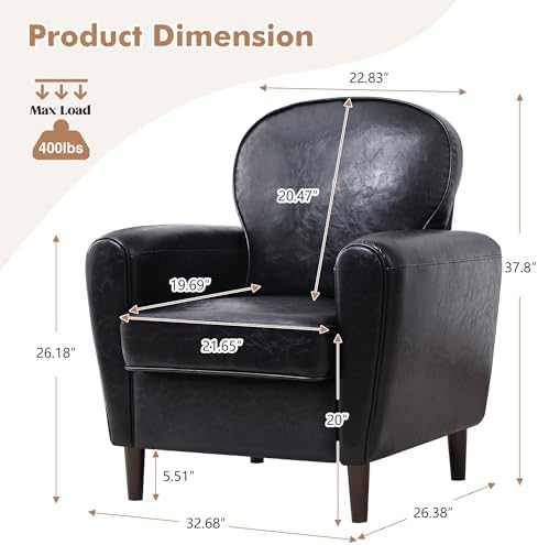 Accent Chair, Faux Leather Mid Century Modern Arm Chairs with Thick Cushion and Back, Comfy Upholstered Reading Chair Single Sofa Chair for Living Room, Bedroom, Club, Black