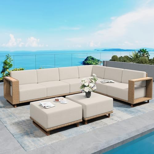 8pcs Outdoor Sectional, Patio Furniture with 10" Thick Cushions, Beige